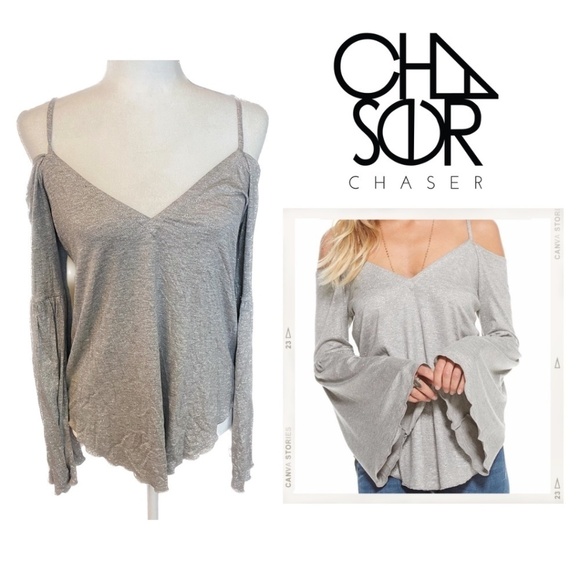 NWT - Chaser Silver Glitter Flounce Top Ruffle Sleeve, Size M - Picture 12 of 12